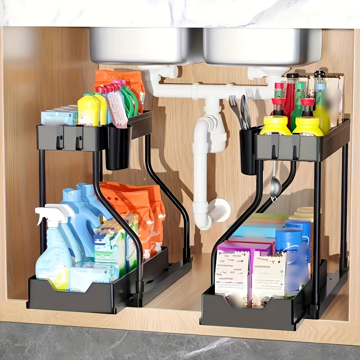 Kitchen Pull-out Shelf Cabinet Lower Sink Kitchenware Storage Bathroom Double Storage Shelf